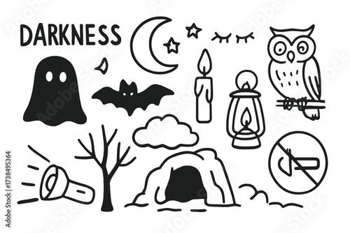 Nighttime Doodle Icons. Hand-drawn doodle illustration darkness moon, stars, night sky, shadow, candle, bat, owl, closed eyes, cloud, tree silhouette, lantern,