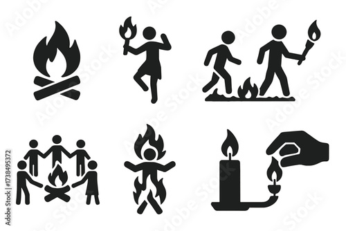 Fire Ritual Icons. Solid, filled icon set of fire-based rituals: bonfire, fire dance, fire circle, firewalking, torchlight procession, burning effigy, fire