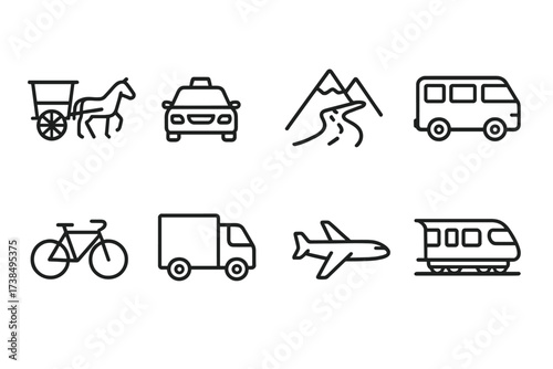 Armenian and Azerbaijani Icons. Outline icon set of Armenian transportation: horse carriage, taxi, mountain road, minibus, bicycle, truck, airplane, train.