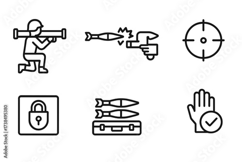 Rocket Launcher Icons. Outline icon set of rocket launcher deployment: aiming, firing, reloading, target acquisition, locking mechanism, loading