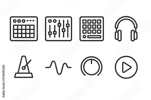 Electronic Music Icons. Outline icon set of electronic music tools: sequencer, mixer, drum pad, headphone, tempo control, waveform, synth knob, play button.