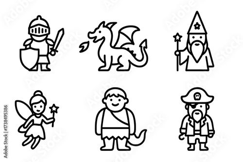 Storybook Character Icons. Outline icon set of storybook characters: knight, dragon, princess, wizard, fairy, giant, talking animal, pirate. Line icons in only