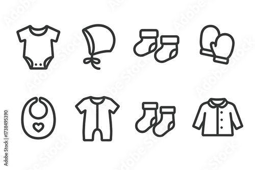 Baby Clothing Icons. Outline icon set of baby clothing: onesie, bonnet, booties, mittens, bib, romper, socks, jacket. Line icons in only black color,