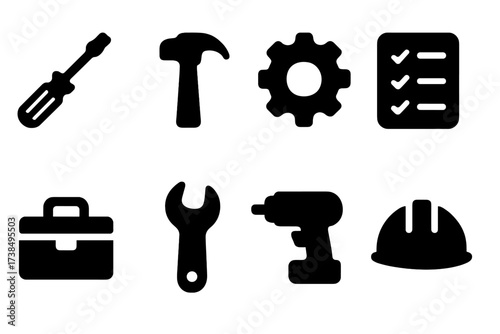 Maintenance Tools Icons. Solid, filled icon set of maintenance services: screwdriver, hammer, gear, checklist, toolbox, wrench, drill, safety helmet. [Line