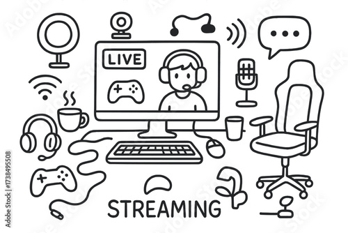 Gaming Stream Setup. Hand-drawn doodle illustration Streaming a gaming session online computer monitor, keyboard, mouse, headset, microphone, webcam, game