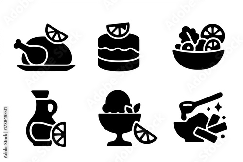 Culinary Citrus Creations. Solid, filled icon set of orange peel culinary dishes: orange glazed chicken, orange cake, marmalade, orange salad, orange