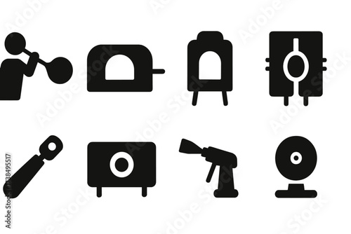 Glass Crafting Tools. Solid, filled icon set of glass crafting tools: glass blower, kiln, furnace, mold, cutting wheel, annealing oven, torch, polishing wheel.