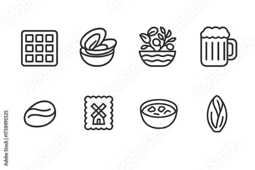 European Icon Sets. Outline icon set of Spanish nature and wildlife: iberian lynx, cork oak, olive tree, Mediterranean sea, mountain, flamingo, eagle, cactus.