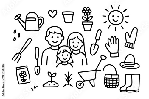 Family Gardening Doodle. Hand-drawn doodle illustration family gardening watering can, flower pot, shovel, gloves, heart, smiling faces, seed packet, rake,