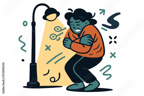 Shivering Under Streetlight. Shivering Night. A figure hugging themselves tightly under a glowing streetlight. Cold breath forming little cloud rings in the