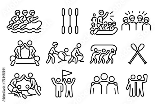 Team Rafting Icons. Team rafting. Line icon set of Team rafting: group paddling, synchronized paddles, guide giving commands, team shouting, high five, pulling