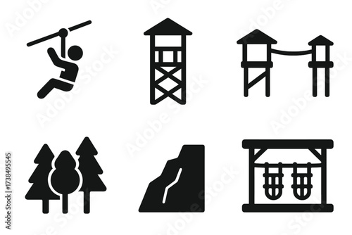 Zip Line Icon Set. Solid, filled icon set of zip line action: rider on zip line, zip line tower, start platform, end platform, speed lines, forest canopy,