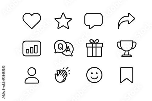 Engagement Icon Set. Engagement tactics. Line icon set of engagement tactics: heart like, star, comment bubble, share arrow, poll chart, Q&A bubble, giveaway