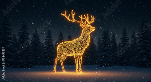 Golden Reindeer in Winter Wonderland: A glowing golden reindeer stands majestically in a snow-covered forest, the scene shimmering with magical charm and winter wonder. 
