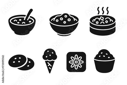 Mung Bean Delights. Solid, filled icon set of mung bean dishes: mung bean soup, mung bean porridge, mung bean salad, steamed mung beans, mung bean pancakes,
