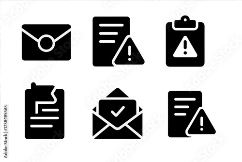 Official Notice Icons. Solid, filled icon set of official notice: letter with seal, document with exclamation, clipboard with alert, envelope with warning,