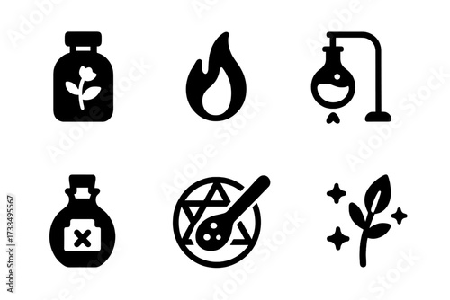 Herbal Alchemy Icons. Solid, filled icon set of herbal alchemy: belladonna extract, magic vial, alchemist flame, herb distiller, elixir bottle, transmutation