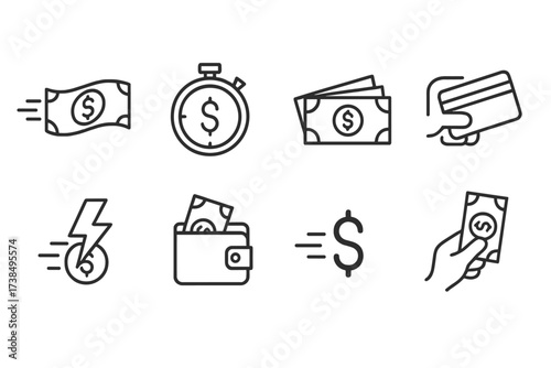 Fast Money Icons. Outline icon set of fast money: dollar bills flying, stopwatch with dollar sign, cash stack, credit card swipe, lightning bolt with coin,
