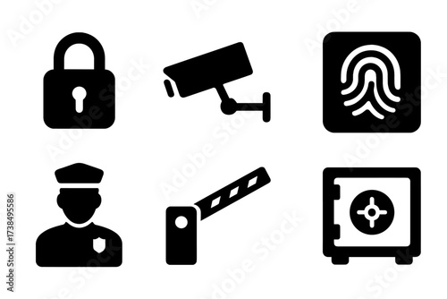 Security Icon Set. Solid, filled icon set of physical security: padlock, security camera, alarm bell, fingerprint scanner, security guard, barrier gate, safe,
