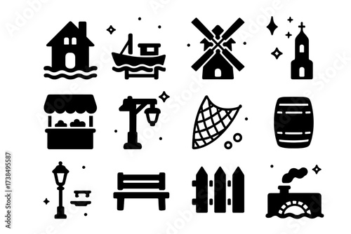 Coastal Village Icons. Seaside villages. Solid icons set of coastal house, boat dock, fishing net, market stall, windmill, church tower, street lamp, bench,