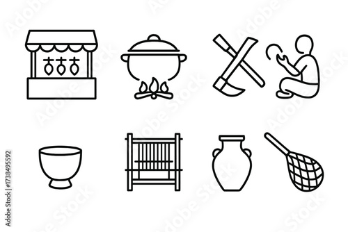Cameroonian Life Icons. Outline icon set of Cameroonian daily life: Market stall, Cooking pot, Farming tools, Storytelling, Palm wine cup, Weaving loom, Clay