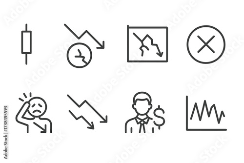 Stock Market Icons. Outline icon set of stock market failure: red candlestick, market crash, broken graph, trading halt, panic sell, bearish trend, investor