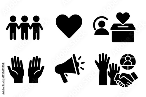 Community Support Icons. Solid, filled icon set of community support: group of people holding hands, charity heart, donation box, open hands, megaphone, globe