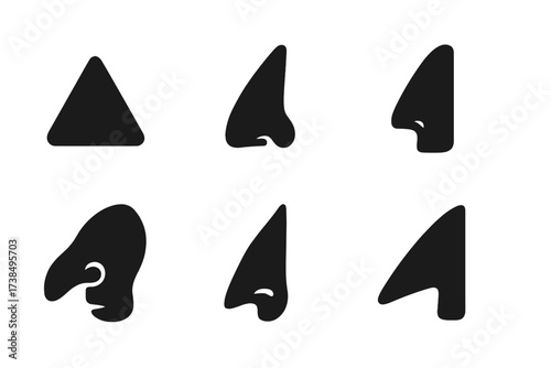 Pointed Nose Icons. Solid, filled icon set of stylized pointed noses: triangle nose, hooked nose, long pointed nose, side nose, cartoon witch nose, sharp elf