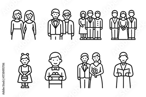 Outline Icon Collection. Outline icon set of vows family and friends: bride with parents, groom with parents, wedding guests, flower girl, ring bearer, best