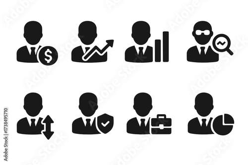 Stock Market Icons. Solid, filled icon set of stock market participants: investor, trader, broker, analyst, market maker, regulator, portfolio manager,
