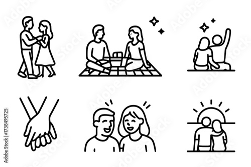 Soulmate Icon Set. Outline icon set of soulmate moments: dancing couple, picnic, star gazing, shared coffee, holding hands, shared laughter, romantic dinner,