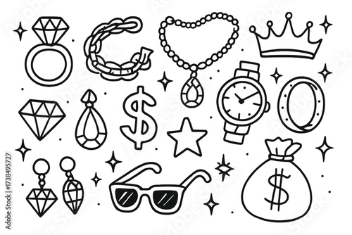 Luxury Jewelry Doodle. Hand-drawn doodle illustration luxury bling diamond ring, gold chain, sparkling necklace, watch, crown, gemstone, pendant, bracelet,