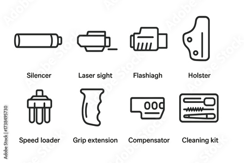 Pistol Accessories Icons. Outline icon set of pistol accessories: silencer, laser sight, flashlight attachment, holster, speed loader, grip