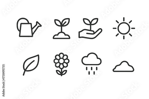 Nurture Icon Set. Outline icon set of nurture: watering can, sprouting plant, hand holding seedling, sun, leaf, flower, rain cloud, soil. Line icons in only