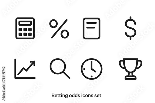 Betting Odds Icons. Outline icon set of betting odds: calculator, percentage, betting slip, dollar sign, graph, magnifying glass, clock, trophy. Line icons in
