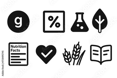 Fiber Nutrition Icons. Solid, filled icon set of fiber nutrition labels: grams of fiber, daily value percentage, soluble fiber, insoluble fiber, nutrition