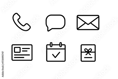 Communication Icon Set. Outline icon set of proposal communication: phone call, message bubble, video chat, email, social media post, calendar reminder,