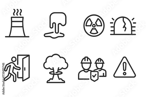 Nuclear Meltdown Icons. Outline icon set of nuclear meltdown scenario: reactor core, molten metal, radiation hazard, containment breach, emergency evacuation,