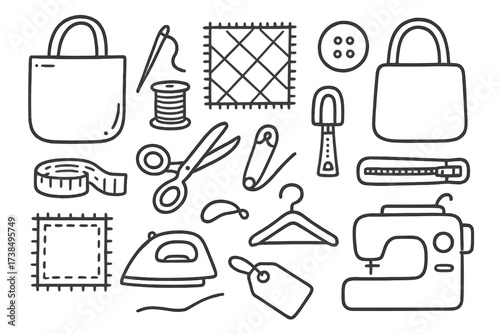 Sewing Essentials Icons. Hand-drawn doodle illustration Cloth bag tote bag, stitching needle, thread spool, fabric pattern, button, scissors, safety pin,