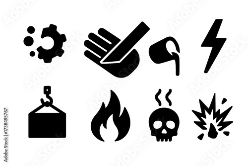 Metal Hazard Icons. Solid, filled icon set of metal hazards: rust, sharp edge, molten metal, electric shock, heavy load, fire hazard, toxic fumes, explosion