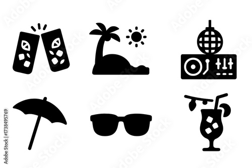Mojito Party Icons. Solid, filled icon set of mojito party and events: clinking glasses, beach party, DJ turntable, dance floor, cocktail umbrella, sunglasses,
