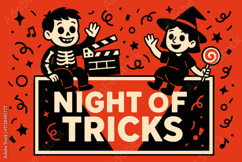 Night of Tricks. NightOfTricks banner, flat vector illustration, bold oversized text inside rectangular frame, cartoon characters sitting and waving at banner,