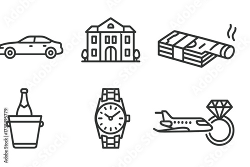 Cartel Luxury Icons. Outline icon set of cartel lifestyle: luxury car, mansion, money stack, cigar, champagne, gold watch, private jet, diamond ring. Line