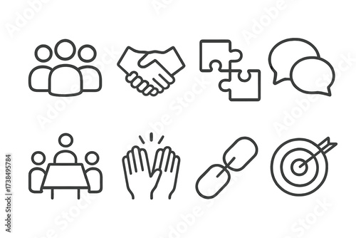 Teamwork Icon Set. Outline icon set of teamwork and collaboration: group, handshake, puzzle pieces, chat bubbles, meeting table, high five, linked chain,
