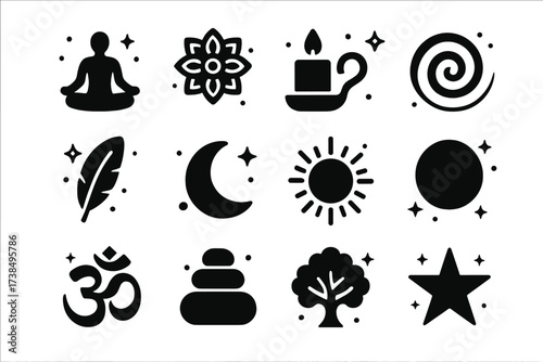 Meditative Symbols Grid. Meditative symbols. Solid icons set of meditative symbols: lotus pose, mandala, candle, spiral, feather, moon, sun, aura circle, om