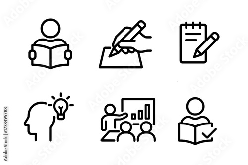 Study Activity Icons. Outline icon set of study activities: reading, writing, note-taking, researching, brainstorming, group discussion, presentation, exam