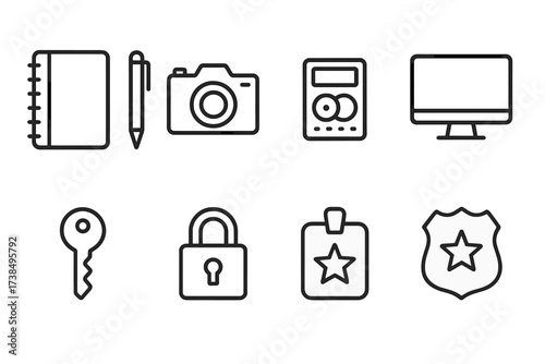 Investigation Tool Icons. Outline icon set of investigation tools: notebook, pen, camera, tape recorder, computer, key, lock, badge. Line icons in only black