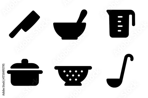 Kitchen Tools Icons. Solid, filled icon set of food preparation: chopping knife, bowl, mixing spoon, measuring cup, cutting board, saucepan, colander, ladle.