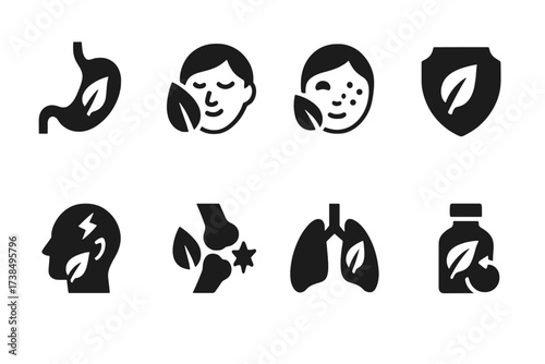 Herbal Uses Icon Set. Solid, filled icon set of herbal uses: digestion aid, relaxation, skin care, immune support, pain relief, anti-inflammatory, respiratory