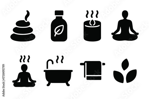 Aroma Relaxation Icons. Solid, filled icon set of aroma relaxation and wellness: spa stones, massage oil bottle, scented candle, yoga pose, meditation, bath